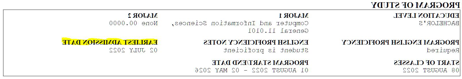 Program of Study earliest admission date